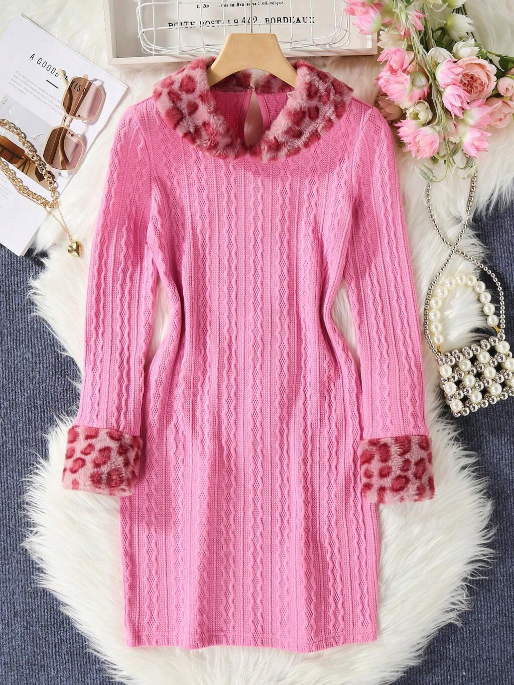 Tween Girl Contrast Leopard Pattern Borg Collar Fuzzy Cuff Dress