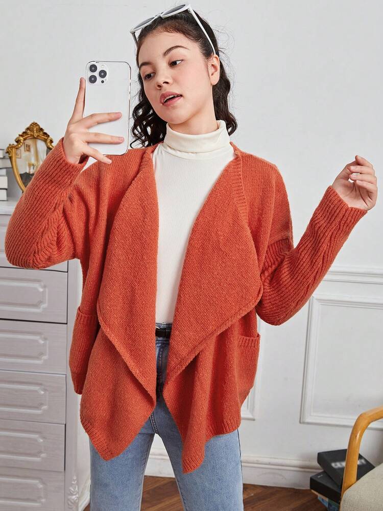 Teen Girl Waterfall Collar Dual Pocket Drop Shoulder Cardigan