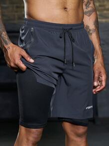 Manfinity Sport Corelite 男士字母圖案腰部抽繩二合一運動短褲帶手機袋 - 深灰色 - 查看 1