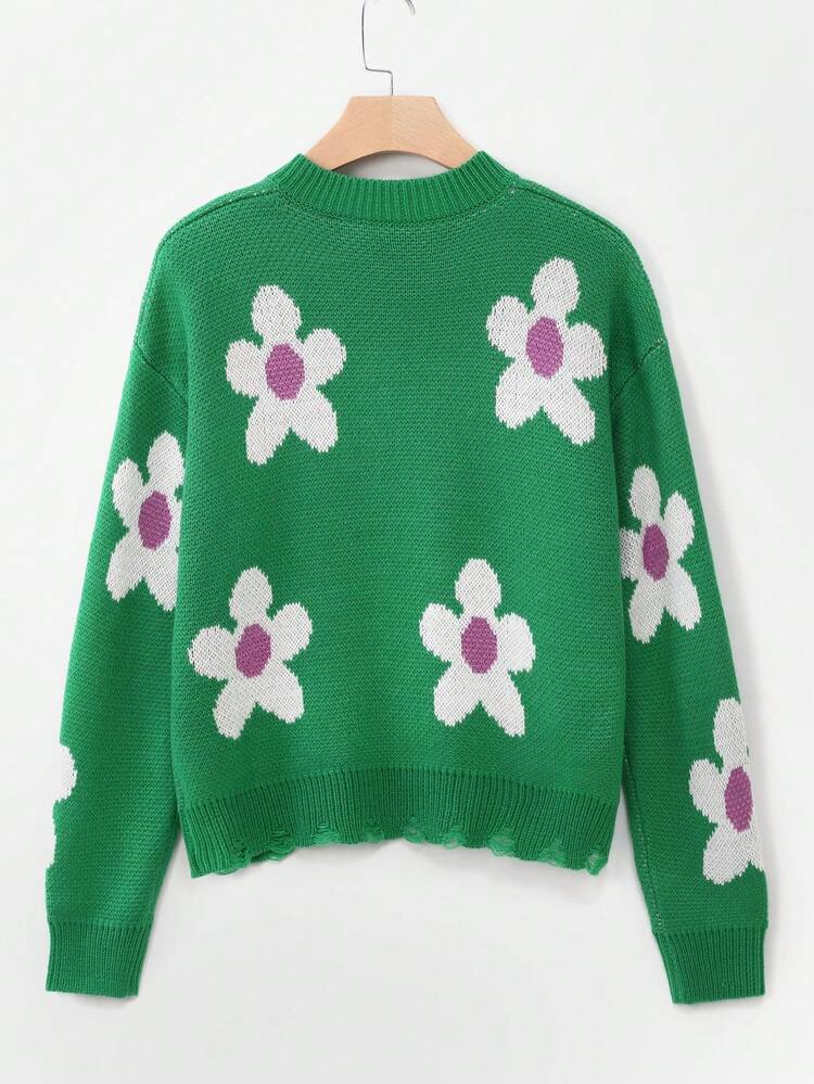 Teen Girl Floral Pattern Drop Shoulder Distressed Sweater