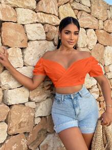 SHEIN SXY 露肩繫帶短款襯衫 - 橘色 - 查看 4
