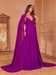 Vestido de fiesta de manga capa de gasa con Capa - Morado - Ver 4