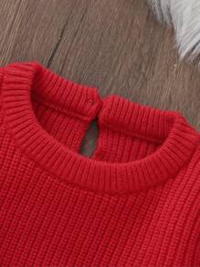 女嬰花卉刺繡荷葉邊吊帶針織連身背心&羊腿袖套頭毛衣 - 紅色 - 查看 5