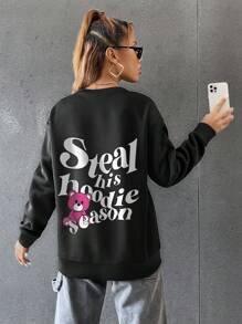 SHEIN Unity 標語圖案落肩袖運動衫 - 黑色 - 查看 3