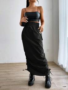 SHEIN EZwear 側抽繩側翻蓋口袋側收褶工裝裙 - 黑色 - 查看 5