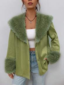 SHEIN EZwear Fuzzy Collar and Cuff Button Up Coat - Green - View 3