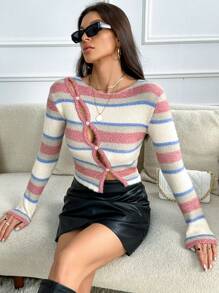 SHEIN Essnce 條紋圖案正面鏤空鏤空短款毛衣 - 彩色 - 查看 6