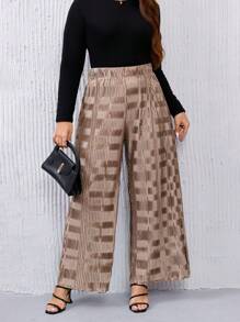 SHEIN Privé Plus Textured Wide Leg Pants - Camel - View 6