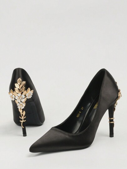 European Style Luxurious Sexy Women Shoes, Fashion Metal Flower Decor Pointed Toe Satin Black High Heels