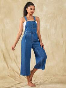 SHEIN EZwear Slant Pocket Wide Leg Denim Dungarees Without Tube Top - Medium Wash - View 6