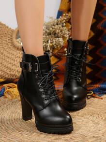 時尚高跟女式靴子，粗跟踝靴，防水台，適合冬季，黑色 - 黑色 - 查看 6