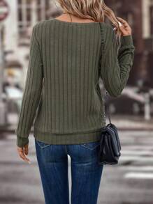 SHEIN LUNE Sudadera de cuello cuadrado tejido de canalé - Verde militar - Ver 2