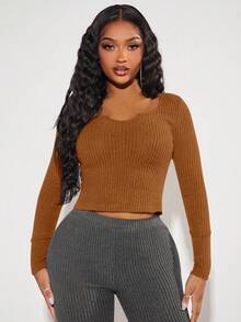 SHEIN SXY 純色短款T恤 - 棕色 - 查看 4