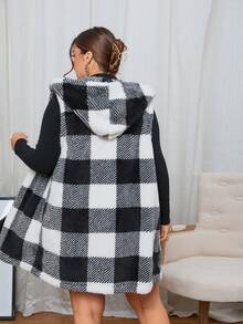 SHEIN Essnce 大碼水牛格紋連帽泰迪馬甲外套 - 黑與白 - 查看 2