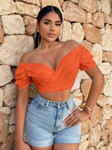 SHEIN SXY 露肩繫帶短款襯衫 - 橘色 - 查看 1