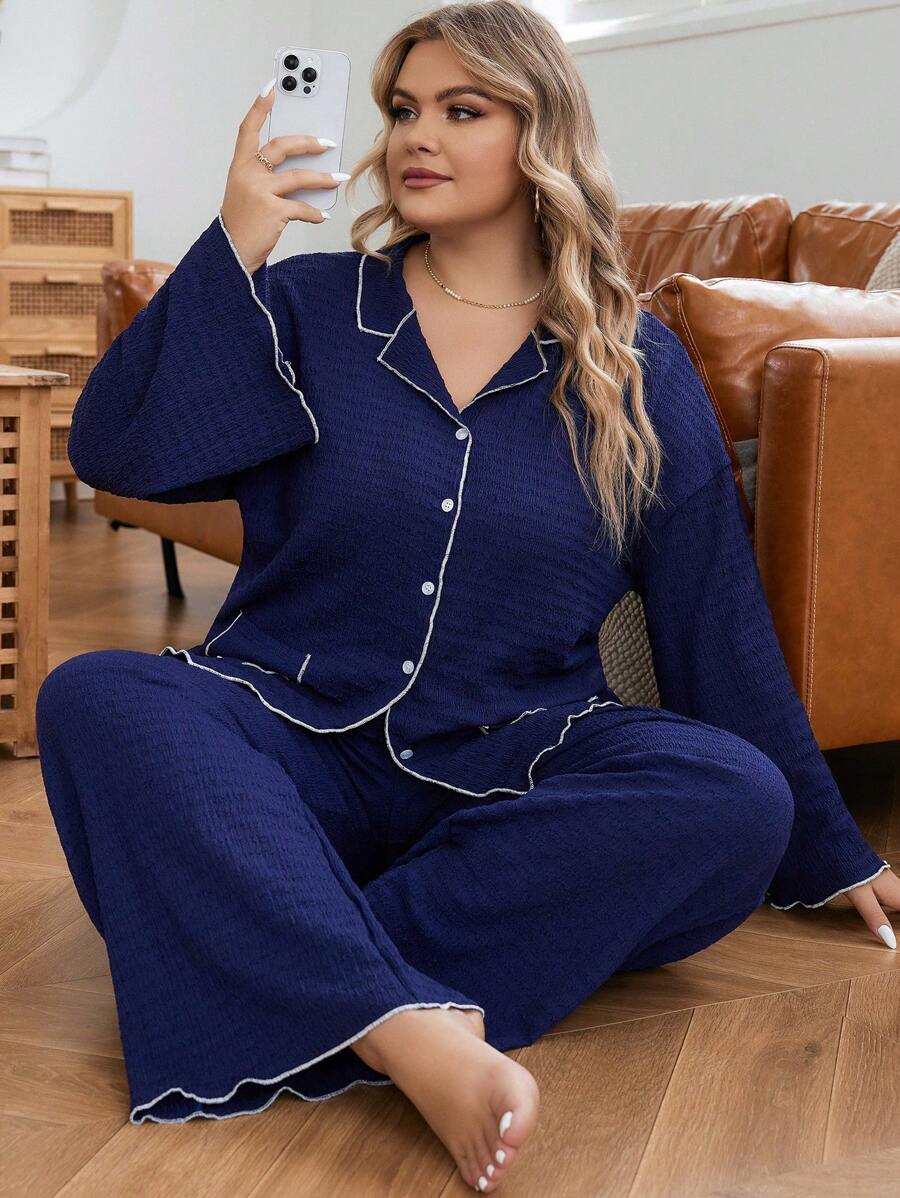 Plus Contrast Binding PJ Set / Pajama Set - Navy Blue - View 1