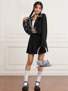 SHEIN EZwear Plaid Print Blazer & Pleated Skirt - Black and White - View 3