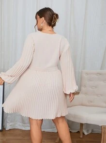 SHEIN Privé 大碼燈籠袖百褶下擺洋裝 - 杏色 - 查看 2