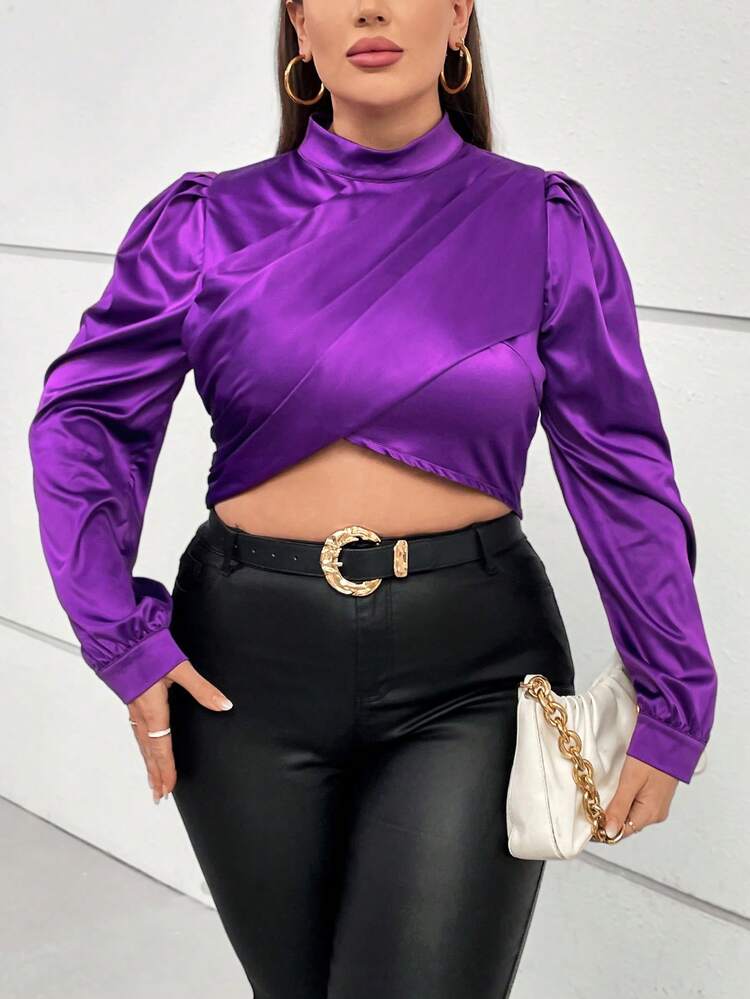 Plus Mock Neck Puff Sleeve Crop Blouse