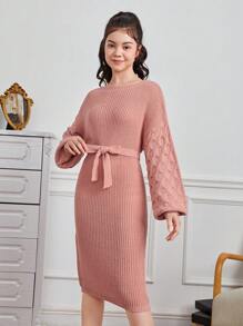 Teenager Mädchen Pulloverkleid mit Drop Shoulder Gürtel,