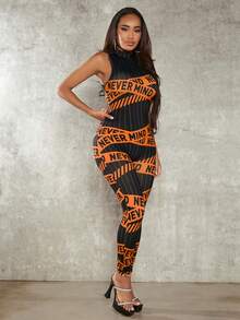 SHEIN SXY Letter Graphic Mock Neck Unitard Jumpsuit - Orange - View 4
