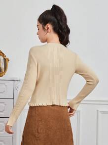 Teen Girl Cut Out Split Sleeve Lettuce Trim Ribbed Knit Sweater