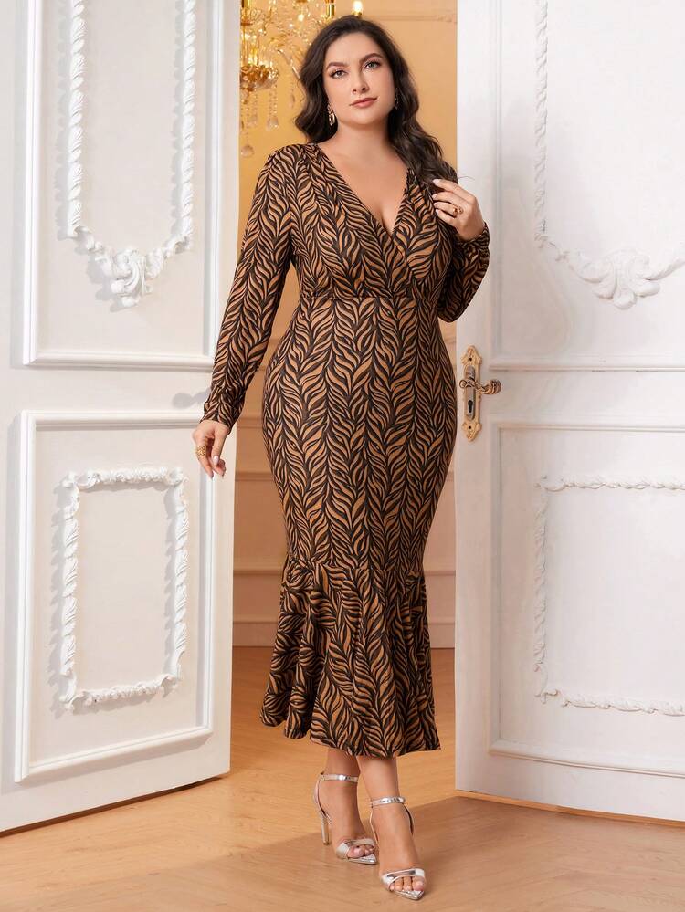 Plus Allover Print Mermaid Hem Dress Long Evening Dresses