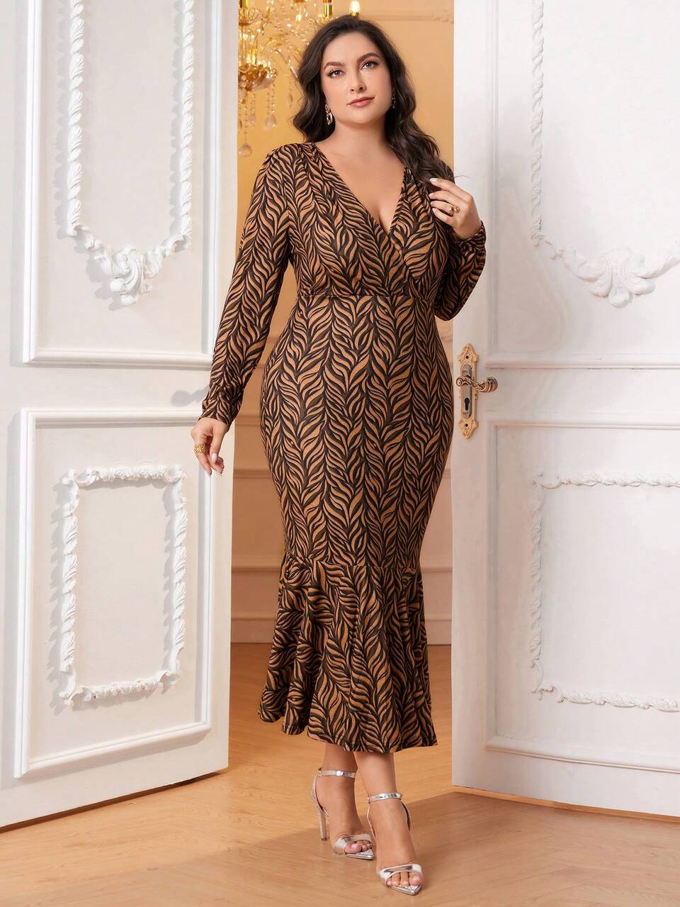 Plus Allover Print Mermaid Hem Dress Long Evening Dresses