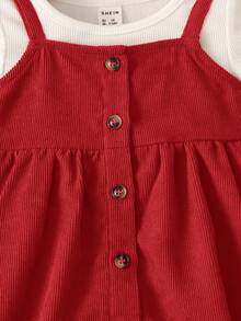 SHEIN Baby Girls Button Front Corduroy Cami Dress Without Tee - Red - View 4