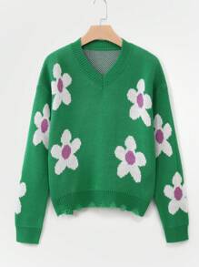 Teen Girl Floral Pattern Drop Shoulder Distressed Sweater - Green - View 1
