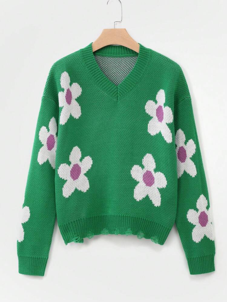 Teen Girl Floral Pattern Drop Shoulder Distressed Sweater