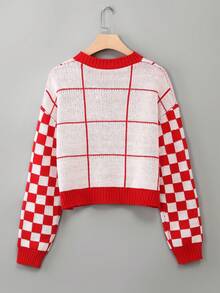 Teen Girl Checker & Strawberry Pattern Drop Shoulder Cardigan - Red and White - View 2