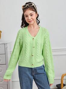 Teen Girl Cable Knit Drop Shoulder Cardigan & Cami Knit Top - Mint Green - View 5