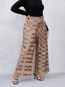 SHEIN Privé Plus Textured Wide Leg Pants - Camel - View 5