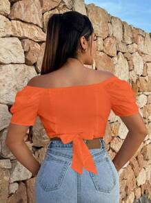 SHEIN SXY 露肩繫帶短款襯衫 - 橘色 - 查看 2