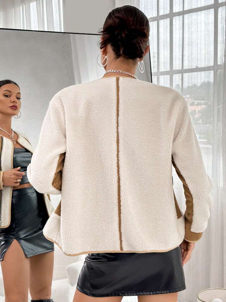 Color Block Raglan Sleeve Zipper Teddy Jacket