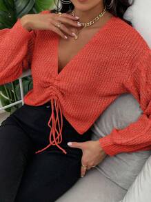 Chiquease Lantern Sleeve Drawstring Ruched Front Sweater - Burnt Orange - View 4