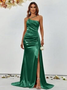 Asymmetrical Neck Ruched Split Thigh Satin Formal Dress - Dark Green - View 3