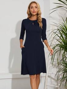 HOMEYEE Solid Hidden Pocket Dress - Navy Blue - View 5