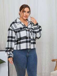 SHEIN Essnce Plus Plaid Print Drop Shoulder Jacket - Multicolor - View 6