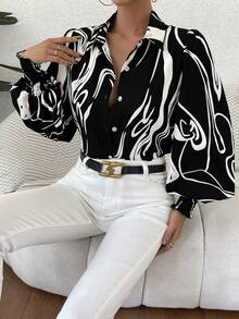 SHEIN Privé Camisa con estampado de dibujo de manga farol - Multicolor - Ver 5