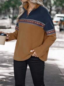 EMERY ROSE 幾何印花撞色前拉鍊落肩T恤 - 棕色 - 查看 5