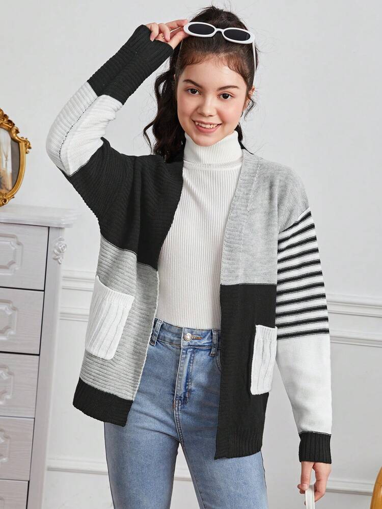 Teen Girl Striped Pattern Colorblock Dual Pocket Drop Shoulder Cardigan