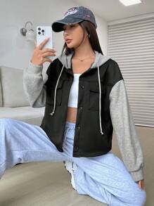 SHEIN EZwear Two Tone Flap Pocket Drop Shoulder Drawstring Hooded Jacket - Multicolor - View 5