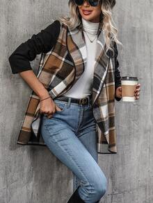 SHEIN LUNE Plaid Print Contrast Binding Open Front Coat - Khaki - View 6