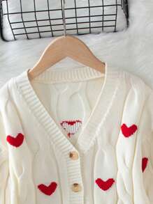 SHEIN 女大童愛心圖案麻花編織落肩袖開襟衫 - 白色 - 查看 3