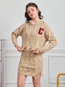 Teen Girl Letter Pattern Drop Shoulder Distressed Hooded Sweater & Knit Skirt - Brown - View 4