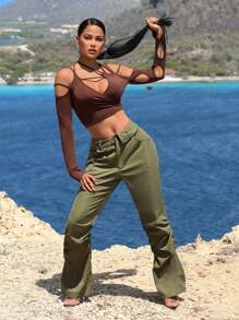 SHEIN SXY Solid Foldover Waist Flare Leg Pants - Army Green - View 3