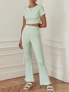 Cottnline 純色短款 T 恤和喇叭褲 - 綠色 - 查看 3