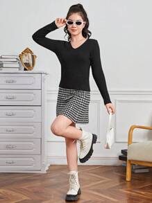 Teen Girl V Neck Ribbed Knit Sweater - Black - View 5